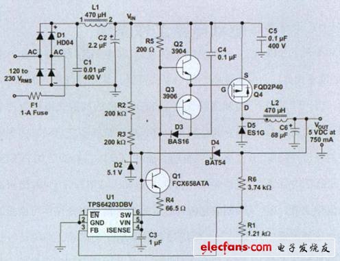 圖 1 AC/DC 降壓轉(zhuǎn)換器電路