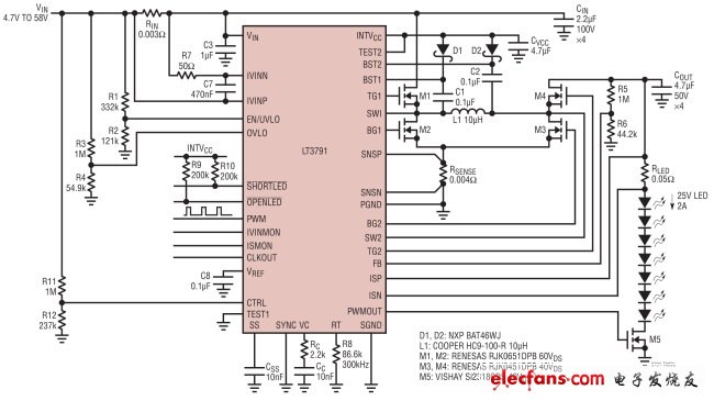 圖 1，效率為98%、功率為50W (25V、2A)的降壓-升壓型LED驅(qū)動器具50:1的調(diào)光比。