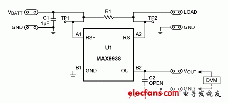 圖4. MAX9938EV標(biāo)準(zhǔn)分流器為50mΩ、4端電阻(R1)。利用6個(gè)100mΩ電阻并聯(lián)R1，得到12.5mΩ檢流電阻。
