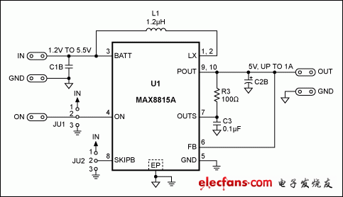 圖2. MAX8815AEVKIT提供所需的5V輸出，無需更改電路