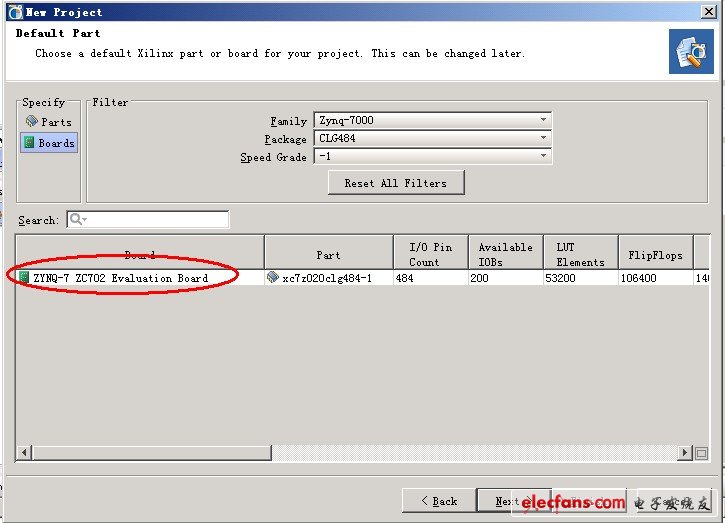 一直點下一步，直道出現(xiàn)芯片和板載信息。直接選擇Boards，選擇系列是Zynq-7000。14.1目前只支持XC7Z020器件。