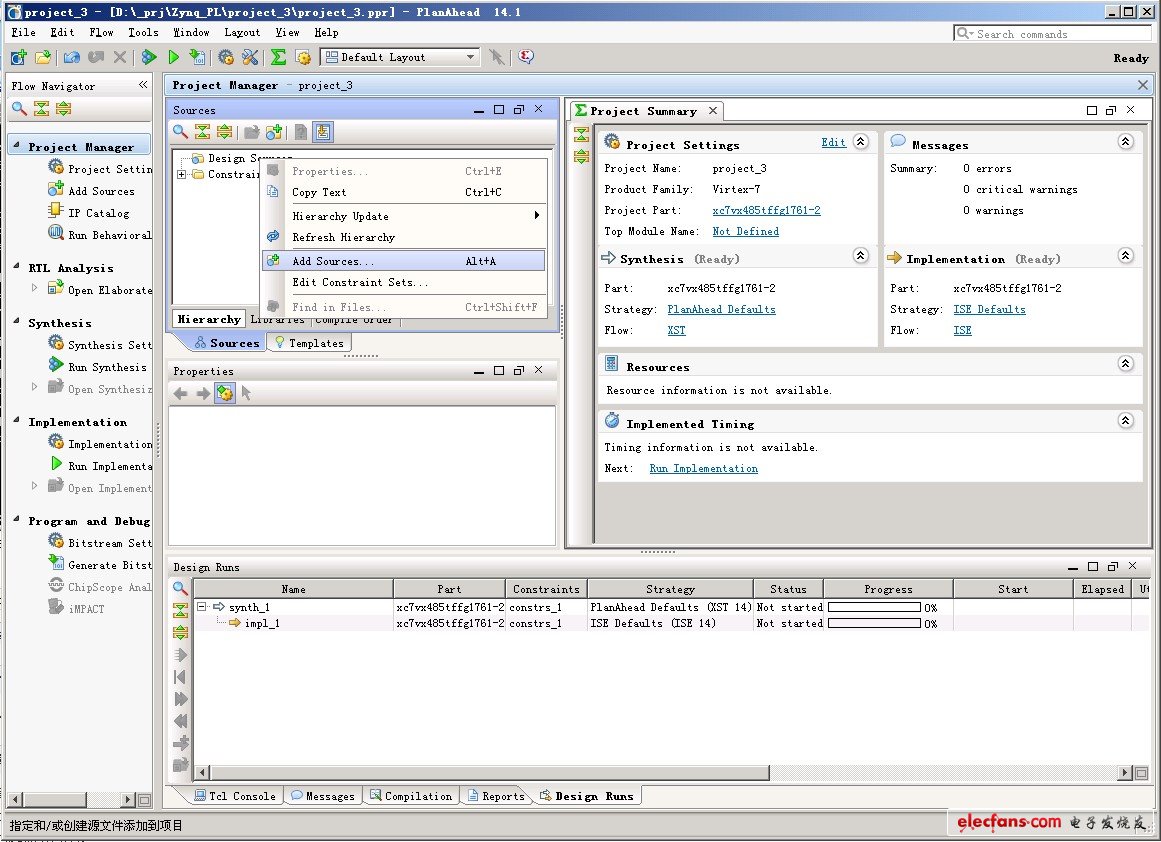 PlanAhead進(jìn)入工作視圖，在Project Manger中選擇建立的工程，右鍵，Add Sources