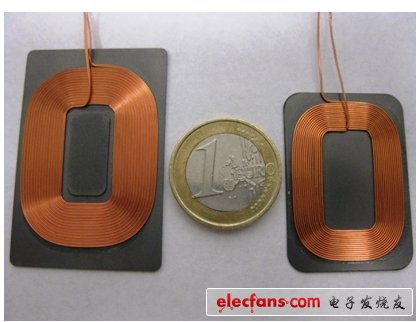 圖2：IWAS型接收線圈。圖示為IWAS-4832FF-50、1歐元和IWAS-3827EC-50