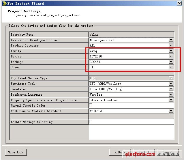 項目設置中，需要將芯片選為Zynq
