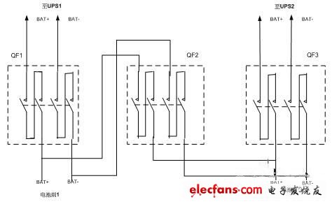 圖2 并機(jī)共用電池組電池開關(guān)柜原理圖