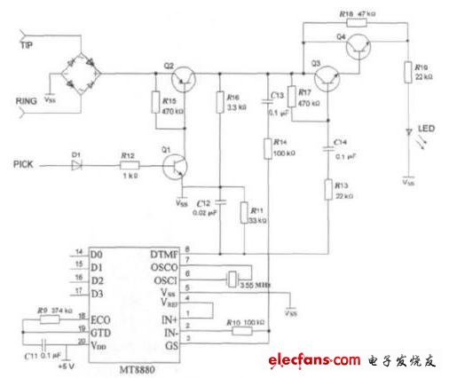 圖4 DTMF撥號電路及摘機(jī)/掛機(jī)電路
