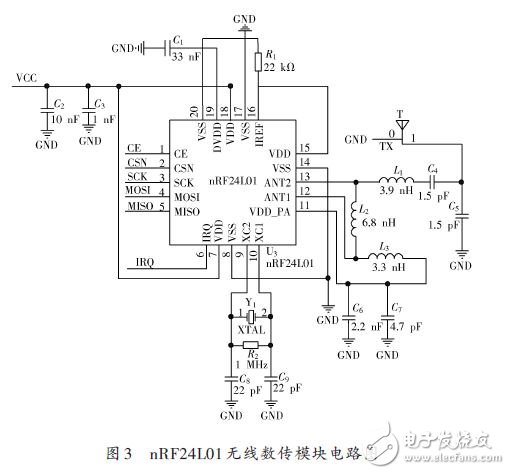 圖3 nRF24L01無線數(shù)傳模塊電路圖