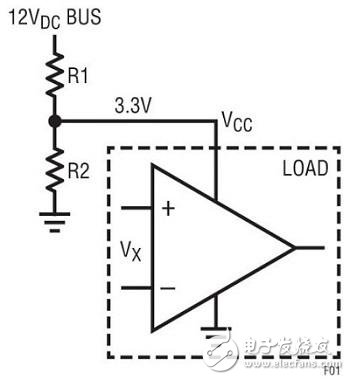 圖1電阻分壓器采用12V總線輸入產(chǎn)生3.3VDC