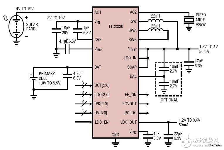 太陽能和壓電能量收集器及電池壽命延長器電路圖