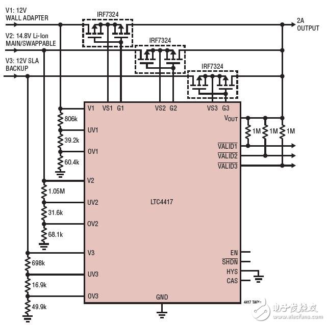 Priority Switching from 12V Main Supply to 14.8V Battery Backup從12V主電源至14.8V后備電池的供電優(yōu)先級切換電路圖