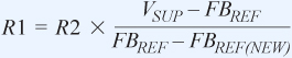 電阻分壓器的必需值可以使用公式1計算，其中 VSUP是輔助調(diào)節(jié)電壓， FBREF（NEW）是RSENSE兩端的目標(biāo)電壓。