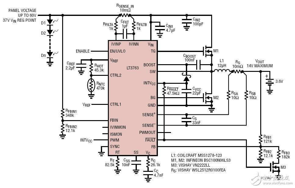 70W, Solar Energy Harvester with Maximum Power Point Regulation具最大功率點調(diào)節(jié)功能的70W太陽能收集器電路圖