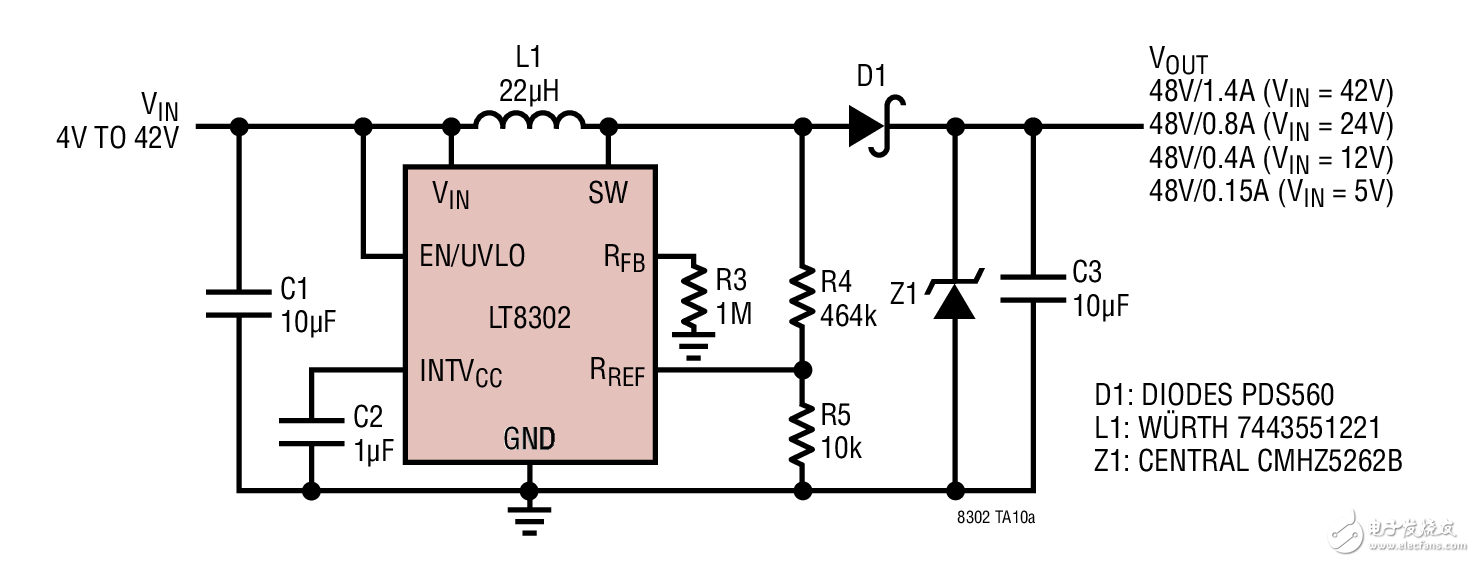 4V to 42VIN/48VOUT Boost Converter4V~42V輸入/48V輸出(1.4A)升壓型轉(zhuǎn)換器電路圖
