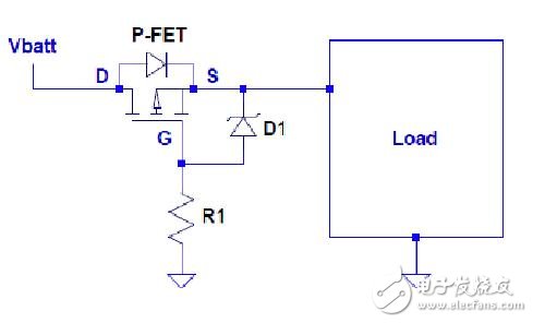 圖1：用P-FET實現(xiàn)電池反極性保護。
