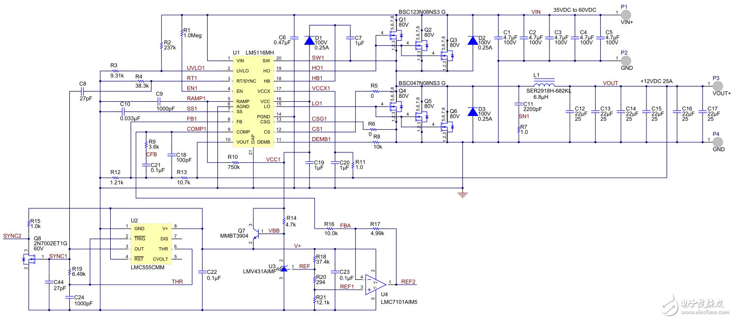 35V-60V輸入、12V/600W雙相降壓轉(zhuǎn)換器電路圖