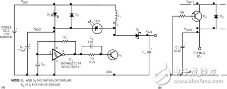  這一電路利用超低電池電壓，可使白色LED產(chǎn)生耀眼的強度 (a)。經(jīng)過一項改進之后，該電路可以使用更低的電池電壓 (b)。 