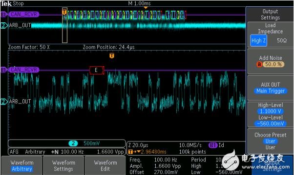 圖5： 捕獲串行接收機(jī)輸出上漏掉的串行數(shù)據(jù)包，表明誤碼。