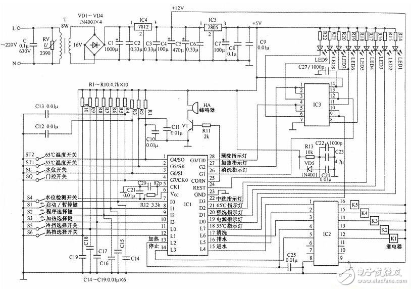 一款采用微處理器控制方式的洗碗機(jī)電路設(shè)計原理圖