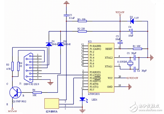 簡(jiǎn)單的2051單片機(jī)電腦遙控器電路圖