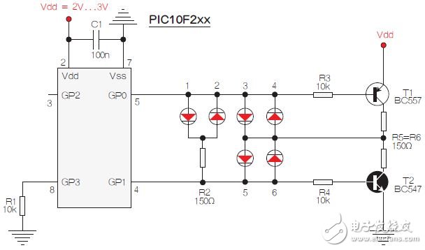 兩個(gè)PIC引腳驅(qū)動(dòng)LED燈應(yīng)用電路設(shè)計(jì)圖