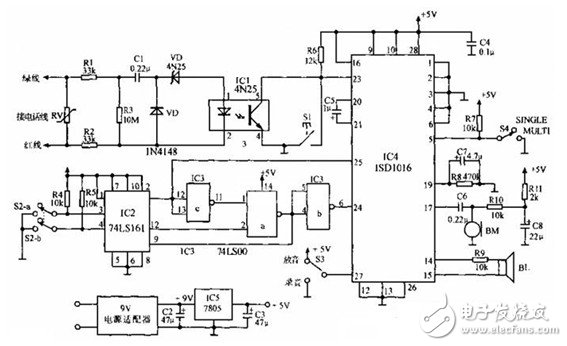采用ISD1016制作的語音留言控制器電路設(shè)計圖