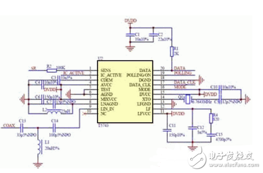 無(wú)線傳感器網(wǎng)絡(luò)接收節(jié)點(diǎn)T5743電路
