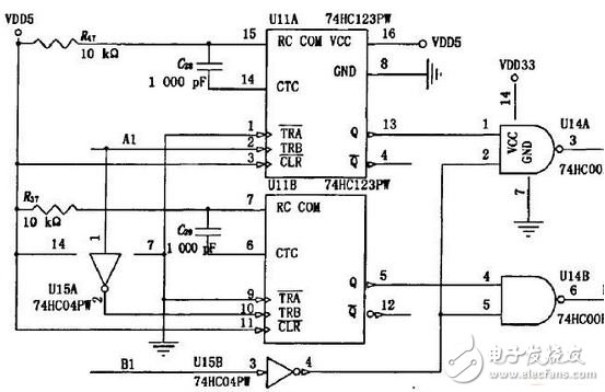 圖2 旋轉(zhuǎn)編碼器采集電路中的一路。