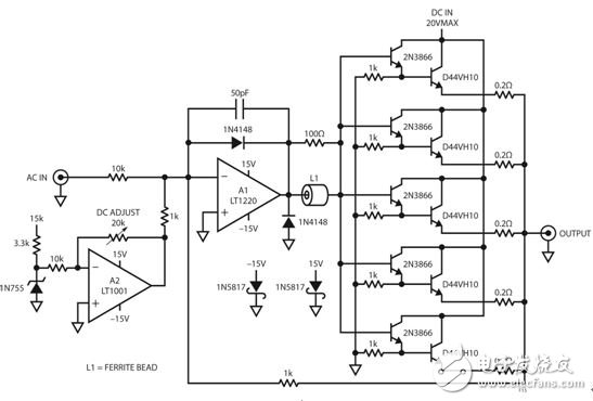 圖 13：驅(qū)動(dòng)器電路板使 AC 和 DC 電壓相加，以在頻率直至 10MHz 時(shí)提供數(shù)安培電流。