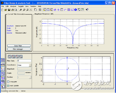 圖6. 數(shù)字陷波濾波器旨在消除噪聲 （運(yùn)用來自MATLAB的FDATool工具）