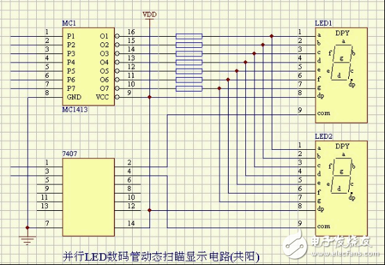 并行LED數(shù)碼管動(dòng)態(tài)掃描顯示電路(共陽)