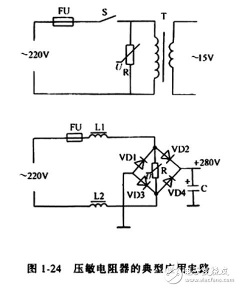 壓敏電阻器的典型應用電路。