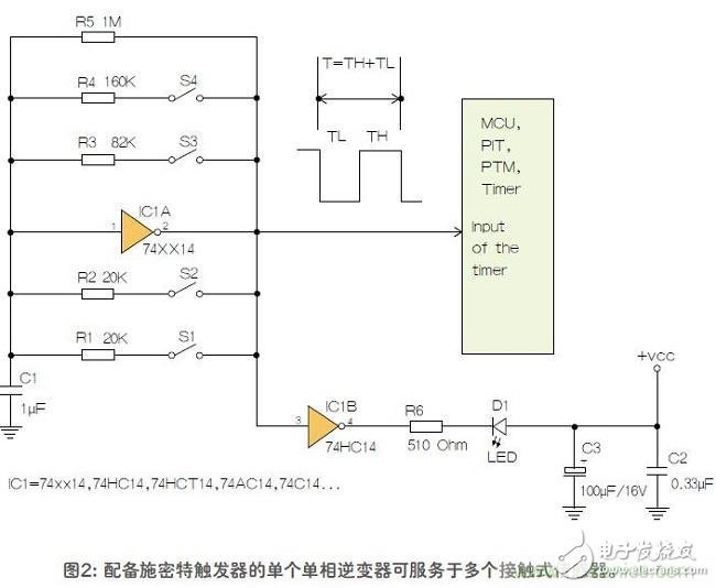 如何用單個施密特觸發(fā)器測量兩個電阻式傳感器或多個開關(guān)？