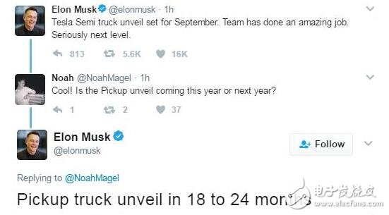 當(dāng)?shù)貢r間本周四，特斯拉CEO馬斯克（Elon Musk）通過個人Twitter賬號相繼宣布，今年9月特斯拉將發(fā)布半掛式卡車，將在18到24個月內(nèi)發(fā)布皮卡。這意味著，在今年7月平價電動汽車Modle 3投產(chǎn)兩個月后，特斯拉家族又會增加新成員。