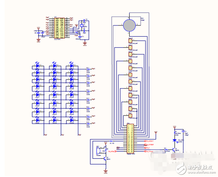 該觸摸按鍵型遙控器基于瑞薩的R8C/33T觸摸按鍵遙控板和觸摸板完成。該觸摸遙控器由4個通道組成的圓形觸摸滾輪和12個觸摸按鍵板組成。該觸摸按鍵用于遠程傳輸信號和LED燈顯示，蜂鳴器輸出信號。因此用戶可以看得見觸摸效果，也可以通過PC設(shè)置參數(shù)。