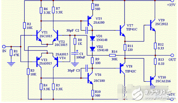 　　最近閑著沒事，本著功放發(fā)燒友的動(dòng)力制作一臺(tái)迷你功放。雖說迷你，但其實(shí)并不小巧，5口交換機(jī)也不大，再加上交換機(jī)也是壞的就干脆利用上了！功放還是采用了雙差分電路。本人從事電子行業(yè)的這些年發(fā)現(xiàn)，很多家庭影院或者大型娛樂會(huì)所用的功放幾乎都是這種電路，也許是因?yàn)檫@種電路工作穩(wěn)定。放大失真低的原因。。。我從網(wǎng)上找到的電路，記得之前我也用這個(gè)圖紙做過，后來怎么解決的忘了！