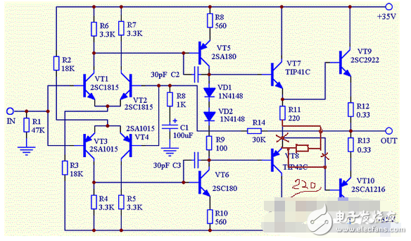 　　最近閑著沒事，本著功放發(fā)燒友的動(dòng)力制作一臺(tái)迷你功放。雖說迷你，但其實(shí)并不小巧，5口交換機(jī)也不大，再加上交換機(jī)也是壞的就干脆利用上了！功放還是采用了雙差分電路。本人從事電子行業(yè)的這些年發(fā)現(xiàn)，很多家庭影院或者大型娛樂會(huì)所用的功放幾乎都是這種電路，也許是因?yàn)檫@種電路工作穩(wěn)定。放大失真低的原因。。。我從網(wǎng)上找到的電路，記得之前我也用這個(gè)圖紙做過，后來怎么解決的忘了！