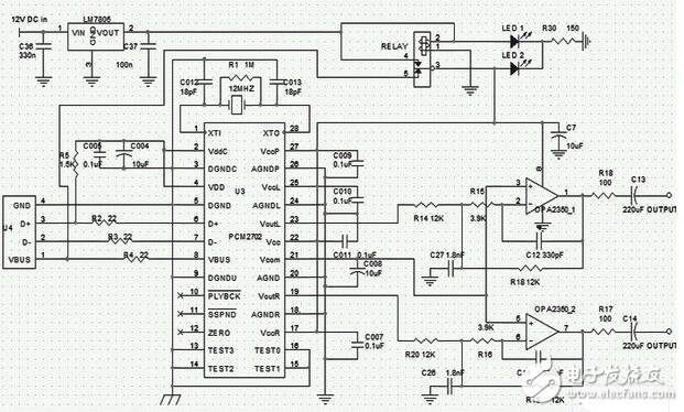 使用PCM2702解碼芯片的USB聲卡電路圖，USB聲卡電路創(chuàng)新設(shè)計(D/A轉(zhuǎn)換芯片_PCM2702)