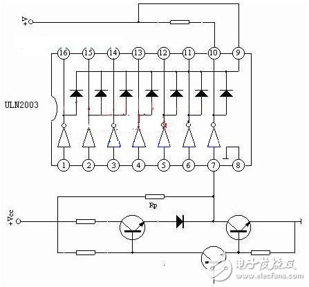 ULN是集成達(dá)林頓管IC，內(nèi)部還集成了一個(gè)消線圈反電動(dòng)勢(shì)的二極管，可用來驅(qū)動(dòng)繼電器。它是雙列16腳封裝，NPN晶體管矩陣，最大驅(qū)動(dòng)電壓=50V，電流=500mA，輸入電壓=5V，適用于TTL COMS，由達(dá)林頓管組成驅(qū)動(dòng)電路。 ULN是集成達(dá)林頓管IC，內(nèi)部還集成了一個(gè)消線圈反電動(dòng)勢(shì)的二極管，它的輸出端允許通過電流為200mA，飽和壓降VCE 約1V左右，耐壓BVCEO 約為36V。用戶輸出口的外接負(fù)載可根據(jù)以上參數(shù)估算。采用集電極開路輸出，輸出電流大，故可直接驅(qū)動(dòng)繼電器或固體繼電器，也可直接驅(qū)動(dòng)低壓燈泡。通常單片機(jī)驅(qū)動(dòng)ULN2003時(shí)，上拉2K的電阻較為合適，同時(shí)，COM引腳應(yīng)該懸空或接電源。