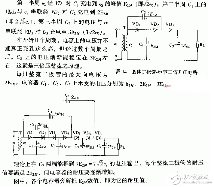 正半周時(shí)，D1導(dǎo)通，D2截止，電容器C1充電到Vm，其電流路徑及電容C1的極性如上圖（a）所示。