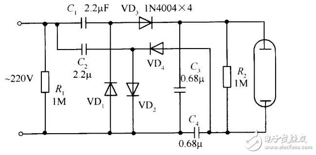 正半周時(shí)，D1導(dǎo)通，D2截止，電容器C1充電到Vm，其電流路徑及電容C1的極性如上圖（a）所示。