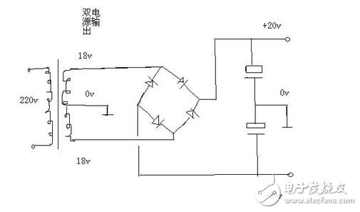 不用兩個(gè)整流橋。用一個(gè)即可，把2個(gè)18伏交流接到整流橋的交流輸入端，把變壓器抽頭0伏接地線（線路板的地線），整流橋直流輸出+ -端接電容器濾波，電容器2個(gè)串聯(lián)之后正極接整流橋正極+，電容器負(fù)極接整流橋負(fù)極-，2個(gè)串聯(lián)的電容器中間引出一根線接地線，也就是雙18伏交流的抽頭。這樣就可以在直流輸出端得到正負(fù)20伏的雙電源了。