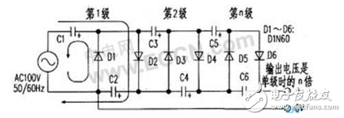 其工作過程是，首先在交流的負半周時交流電源經(jīng)D1對C1充電，接著在正半周時交流電源與C1上的電壓相加經(jīng)D2對電容器C2充電，充得的電壓是電容器C1充電電壓的兩倍。接下來在負半周時，除了電源經(jīng)Dl對電容器C1充電之外，交流電源還與C2上的電壓疊加經(jīng)D3對C3、C1充電，C3上的充電電壓是C1上的兩倍。在正半周時交流電源與C1上的電壓疊加，除了經(jīng)D2對電容器C2充電之外，還與C1、C3上的電壓疊加經(jīng)D4對電容器C4和C2充電，C4上充得的電壓是電容器C1上電壓的兩倍。