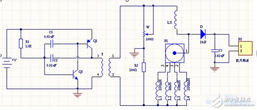 測量的準確性由標準電感（L）決定，標準電感選用色碼電感。變壓器（T）選用收音機的輸出變壓器，T3~4為輸出變壓器的次級，T1~2為輸出變壓器初級的一組，W選用線性電位器。P1為一刀四位開關(guān)。