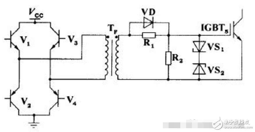 脈沖變壓器驅(qū)動電路如圖所示，V1～V4組成脈沖變壓器一次側驅(qū)動電路，通過控制V1、V4和V2、V3的輪流導通，將驅(qū)動脈沖加至變壓器的一次側，二次側通過電阻R1與IGBT5柵極相連，R1、R2防止IGBT5柵極開路并提供充放電回路，R1上并聯(lián)的二極管為加速二極管，用以提高IGBT5的開關速度，穩(wěn)壓二極管VS1、VS2的作用是限制加在IGBT5g-e端的電壓，避免過高的柵射電壓擊穿柵極。柵射電壓一般不應超過20 V。