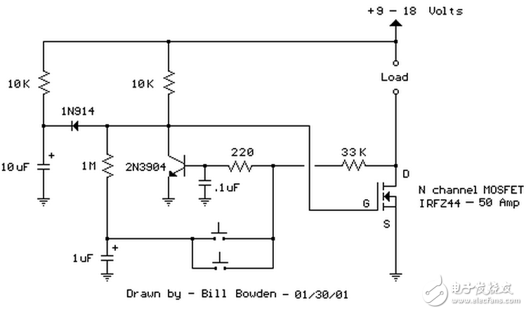 當(dāng)開(kāi)關(guān)按下時(shí)，1uF電容被連接到220歐姆和33K電阻連接點(diǎn)，NPN晶體管截止，場(chǎng)效應(yīng)管導(dǎo)通開(kāi)啟負(fù)載。釋放按鈕后，1uF電容通過(guò)1M電阻充電。第二次按下開(kāi)關(guān)，1uF電容充電后的電壓被加載到NPN晶體管基極，晶體管導(dǎo)通，場(chǎng)效應(yīng)管關(guān)閉，負(fù)載斷電。