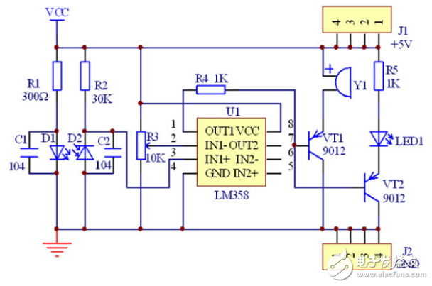 紅外二極管感應(yīng)報(bào)警電路PCB板的設(shè)計(jì)原理圖