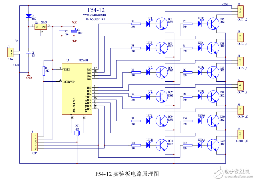 PIC16F54是最容易學(xué)習(xí)的單片機(jī),F54-12實(shí)驗(yàn)板可作為其入門(mén)實(shí)驗(yàn),更可實(shí)際應(yīng)用于12路以下廣告燈控制器