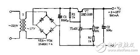 　　串聯(lián)穩(wěn)壓器電路介紹  　　串聯(lián)型穩(wěn)壓電路屬直流穩(wěn)壓電源中的一種，在實(shí)際應(yīng)用電路中應(yīng)用非常廣泛。如我們平常常用的78或79系列三端穩(wěn)壓器也是屬于它的一種。  　　整流濾波后的電壓是不穩(wěn)定的電壓，在電網(wǎng)電壓或負(fù)載變化時(shí)，該電壓都會(huì)產(chǎn)生變化，而且紋波電壓又大。所以，整流濾波后，還須經(jīng)過(guò)穩(wěn)壓電路，才能使輸出電壓在一定的范圍內(nèi)穩(wěn)定不變。在這里我們就用串聯(lián)型穩(wěn)壓電路對(duì)其進(jìn)行穩(wěn)壓。  　　集成線(xiàn)性：如果將前述的串聯(lián)型穩(wěn)壓電源電路全部集成在一塊硅片上，加以封裝后引出三端引腳，就成了三端集成穩(wěn)壓電源了。正電壓輸出的78××系列，負(fù)電壓輸出的79××系列。其中××表示固定電壓輸出的數(shù)值。如：7805、7806、7809、7812、7815、7818、7824等，指輸出電壓是+5V、+6V、+9V、+12V、+15V、+18V、+24V。79××系列也與之對(duì)應(yīng)，只不過(guò)是負(fù)電壓輸出。這類(lèi)穩(wěn)壓器的最大輸出電流為1.5A，塑料封裝（TO-220）最大功耗為10W（加散熱器）；金屬殼封裝（TO-3）外形，最大功耗為20W（加散熱器）。  　　線(xiàn)性串聯(lián)：這種穩(wěn)壓電路的主回路由調(diào)整管T與負(fù)載相串聯(lián)構(gòu)成，且T工作在線(xiàn)性狀態(tài)，故稱(chēng)為線(xiàn)性串聯(lián)式穩(wěn)壓電路。輸出電壓Vo=VI-VCE，其變化量由反饋網(wǎng)絡(luò)取樣，并經(jīng)放大電路（A）放大后去控制調(diào)整管T的基極電壓，從而改變調(diào)整管T的VCE大小。當(dāng)輸入電壓VI增加（或負(fù)載電流Io減?。r(shí)，導(dǎo)致輸出電壓Vo增加，隨之反饋電壓VF=R2Vo/（R1+R2）=FvVo也增加（Fv為反饋系數(shù)）。VF與基準(zhǔn)電壓VREF相比較，其差值電壓經(jīng)比較放大電路放大后使調(diào)整管的VB和IC減小，于是調(diào)整管T的c-e間電壓VCE增大，使Vo下降，從而維持Vo基本恒定。顯然，這是電壓負(fù)反饋電路基本性能。  　　TL431介紹  　　TL431是可控精密穩(wěn)壓源。它的輸出電壓用兩個(gè)電阻就可以任意的設(shè)置到從Vref（2.5V）到36V范圍內(nèi)的任何值。該器件的典型動(dòng)態(tài)阻抗為0.2Ω，在很多應(yīng)用中用它代替穩(wěn)壓二極管，例如，數(shù)字電壓表，運(yùn)放電路，可調(diào)壓電源，開(kāi)關(guān)電源等。  　　TL431是一種并聯(lián)穩(wěn)壓集成電路。因其性能好、價(jià)格低，因此廣泛應(yīng)用在各種電源電路中。其封裝形式與塑封三極管9013等相同，如圖a所示。同類(lèi)產(chǎn)品還有圖b所示的雙直插外形的。知道了串聯(lián)穩(wěn)壓器電路和TL431的原理，我們?cè)賮?lái)看看由TL431構(gòu)成的串聯(lián)穩(wěn)壓器電路是什么樣子的。  　　2  　　由TL431構(gòu)成的串聯(lián)穩(wěn)壓器電路  　　TL431是一種并聯(lián)穩(wěn)壓集成電路。因其性能好、價(jià)格低，因此廣泛應(yīng)用在各種電源電路中。其封裝形式與塑封三極管9013等相同。同類(lèi)產(chǎn)品還有雙直插外形的。  　　TL431是一個(gè)有良好的熱穩(wěn)定性能的三端可調(diào)分流基準(zhǔn)源。他的輸出電壓用兩個(gè)電阻就可以任意的設(shè)置到從Verf（2.5V）到36V范圍內(nèi)的任何值。該器件的典型動(dòng)態(tài)阻抗為0.2Ω，在很多應(yīng)用中用它代替齊納二極管。  　　串聯(lián)型穩(wěn)壓電路屬直流穩(wěn)壓電源中的一種，在實(shí)際應(yīng)用電路中應(yīng)用非常廣泛。如我們平常常用的78或79系列三端穩(wěn)壓器也是屬于它的一種。 整流濾波后的電壓是不穩(wěn)定的電壓，在電網(wǎng)電壓或負(fù)載變化時(shí)，該電壓都會(huì)產(chǎn)生變化，而且紋波電壓又大。所以，整流濾波后，還須經(jīng)過(guò)穩(wěn)壓電路，才能使輸出電壓在一定的范圍內(nèi)穩(wěn)定不變。在這里我們就用串聯(lián)型穩(wěn)壓電路對(duì)其進(jìn)行穩(wěn)壓。  　　1