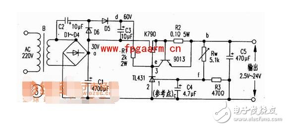 　　工作原理  　　如圖所示，220v電壓經(jīng)變壓器B降壓、D1-D4整流、C1濾波。此外D5、D6、C2、C3組成倍壓電路（使得Vdc＝60V），Rw、R3組成分壓電路，T1431、R1組成取樣放大電路，9013、R2組成限流保護(hù)電路，場(chǎng)效應(yīng)管K790作調(diào)整管（可直接并聯(lián)使用）以及C5是輸出濾波器電路等。  　　穩(wěn)壓過(guò)程是：當(dāng)輸出電壓降低時(shí)，f點(diǎn)電位降低，經(jīng)T1431內(nèi)部放大使e點(diǎn)電壓增高，經(jīng)K790調(diào)整后，b點(diǎn)電位升高；反之，當(dāng)輸出電壓增高時(shí)，f點(diǎn)電位升高，e點(diǎn)電位降低，經(jīng)K790調(diào)整后，b點(diǎn)電位降低。  　　從而使輸出電壓穩(wěn)定。當(dāng)輸出電流大于6A時(shí)，三極管9013處于截止，使輸出電流被限制在6A以內(nèi)，從而達(dá)到限流的目的。本電路除電阻R1選用2W、R2選用5W外，其它元件無(wú)特殊要求，其元件參數(shù)如圖3所示。  　　1  　　2  　　基于TL431的延時(shí)定時(shí)器電路圖  　　1  　　TL431的無(wú)反饋，可以看作一個(gè)NPN或N - MOS器件高跨導(dǎo)和精確的2.5V接通電壓 。管頭要小心：TL431的引腳上（+電源）是陰極，較低的（供應(yīng)） - 陽(yáng)極 。。。 它的另一個(gè)世界。  　　1  　　重負(fù)荷（超過(guò)100毫安），可以通過(guò)完全脫鉤的繼電器或optocouples供電，或與PNP（P - MOS）開(kāi)關(guān)晶體管。為監(jiān)管機(jī)構(gòu)制定的特殊的PNP類型 - 這些具有低壓降和不需要很多的基極電流。  　　1  　　要添加遲滯（正反饋） - 添加另一個(gè)PNP逆變器。從電源紋波穩(wěn)壓器中分離出來(lái)的RS - DS輸入網(wǎng)絡(luò)。  　　1  　　基本定時(shí)器配置。設(shè)置起動(dòng)電流通過(guò)RT為100uA（遠(yuǎn)高于基輸入繪制2uA）。開(kāi)啟延時(shí)T1 = 2.5V/U1 *（RT * NO）。斷電延時(shí)通常是由負(fù)載電流，但你必須考慮電源capacitanca和泄漏（C2，R2）的影響。  　　工作例如：連續(xù)兩次在電子管放大器的延遲（45秒，60秒）。齊納穩(wěn)壓電源供應(yīng)器（它可以摩托艇沒(méi)有它 - 繼電器的電流是相當(dāng)高的，100mA的）分離定時(shí)電容。  　　如果連續(xù)兩次延遲有一個(gè)相對(duì)較小的時(shí)間傳播 - 使用單一的定時(shí)電容：  　　1
