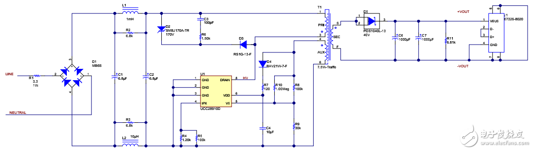 85VAC-265VAC 輸入、5V7.5W 低成本、小尺寸反激電路原理圖的分享